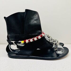 Arnold Churgin Sandals Gladiator Black Genuine Leather Boho Beaded Embroidery 37